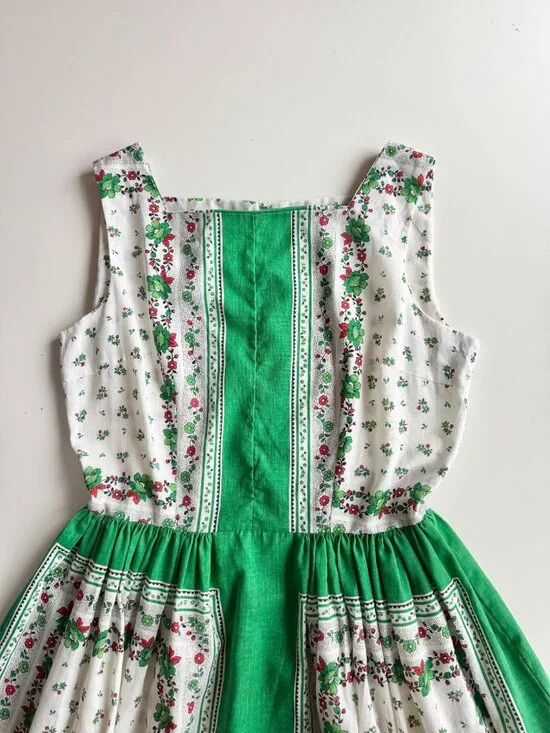 Vintage 80's JCPENNEY Green Floral Polycotton Law Fit & Flare Dress, Size 15/16 - Picture 6 of 15